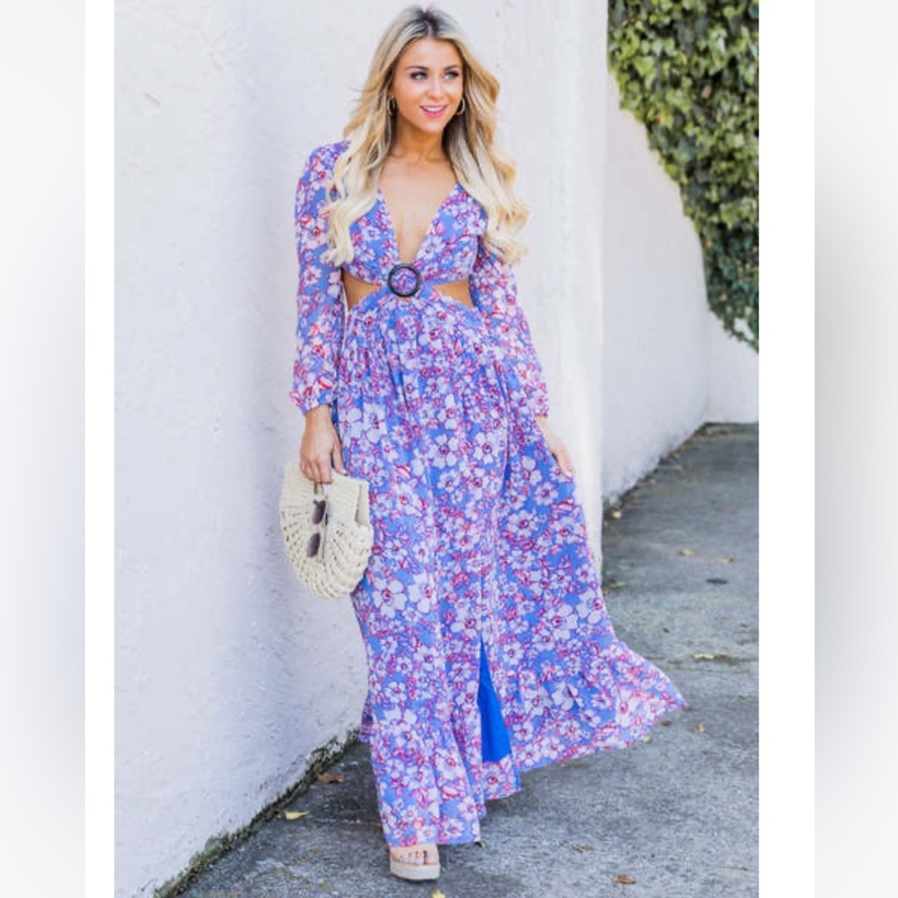 Depend on You Dress Blue Floral O Ring Cut Out Maxi - Pink Lily